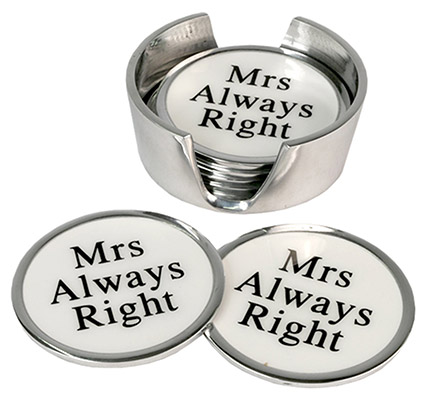 Aluminium Set Of 6 Coasters "Mrs Always Right"